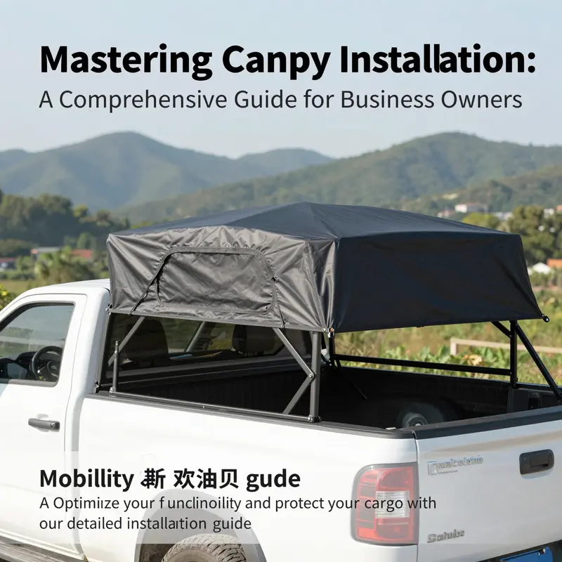 A pickup truck with a professionally installed canopy parked in a scenic outdoor environment, highlighting the canopy's functionality.