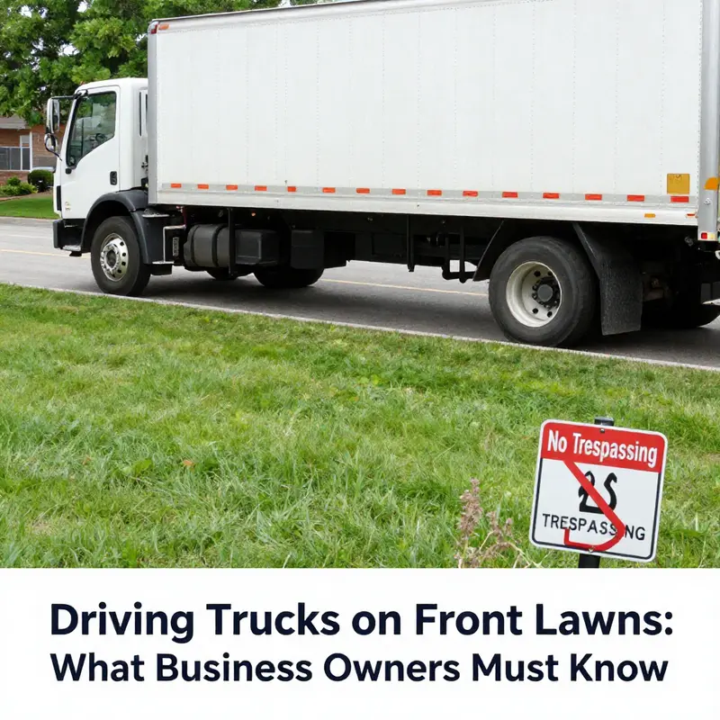 A truck parked on a front lawn, highlighting potential legal issues.