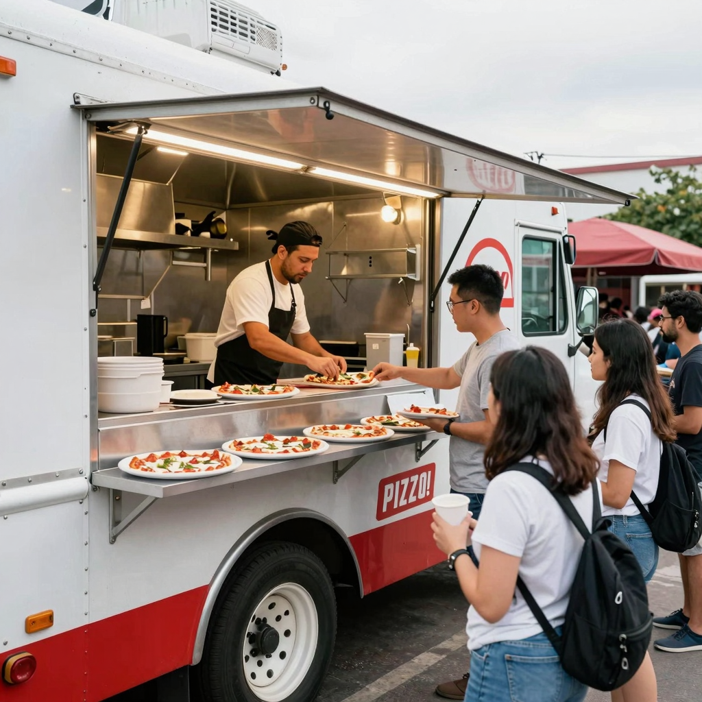 A vibrant pizza food truck in operation, bustling with activity