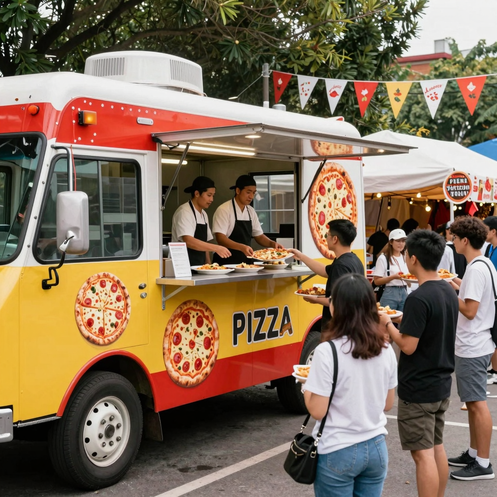 Vibrant pizza truck in action at a busy street event