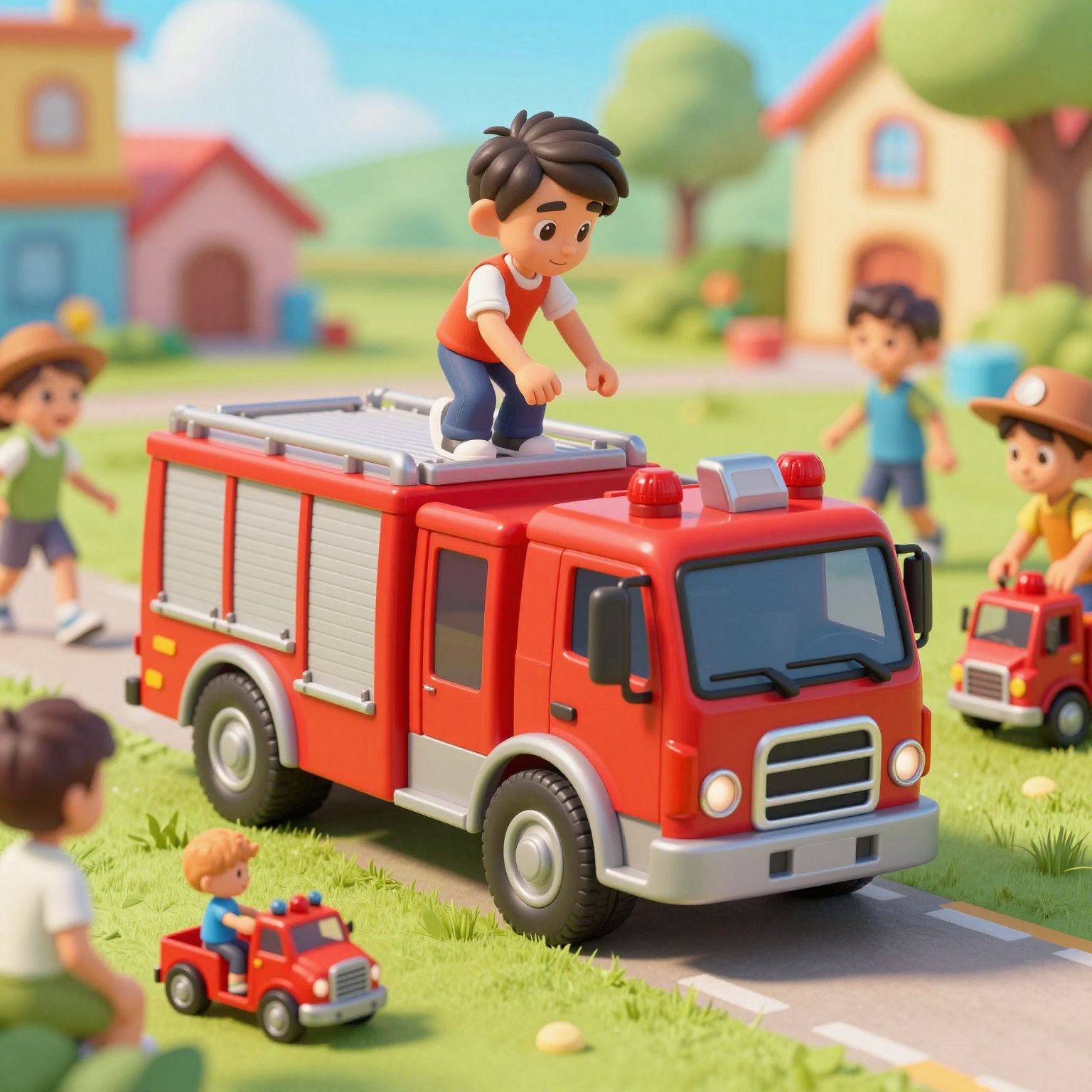 A vibrant fire truck game scene