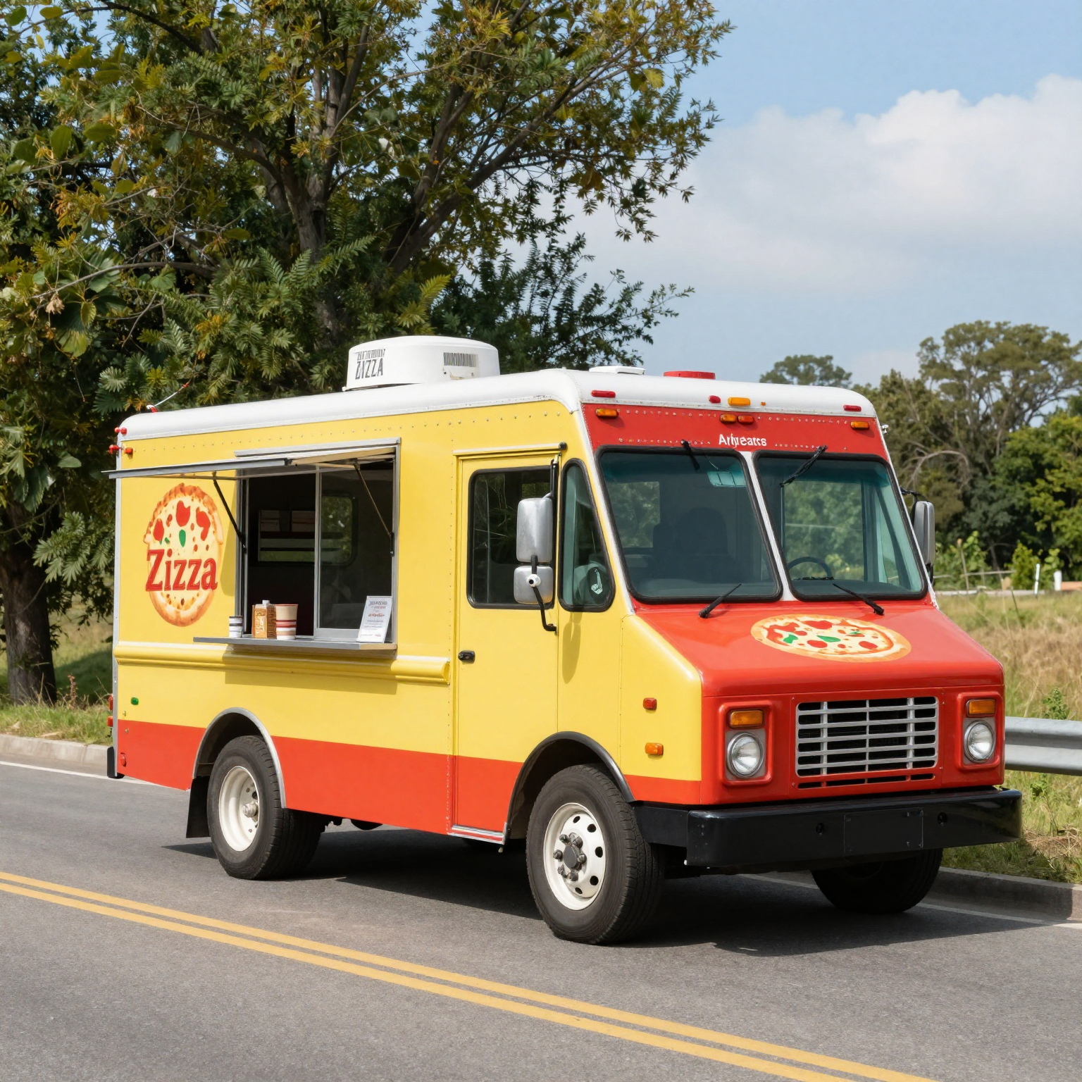 A colorful pizza truck driving on a scenic road