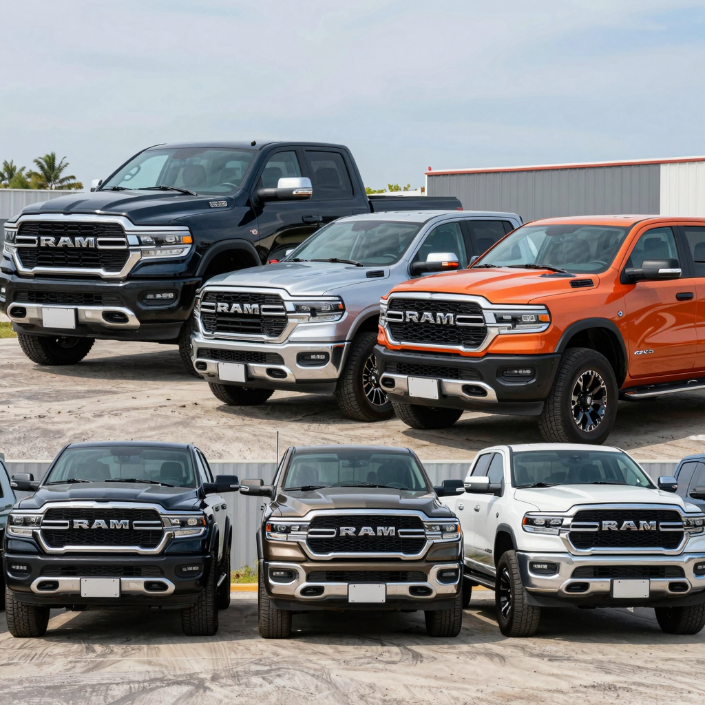 A variety of RAM trucks showcased in an outdoor setting, highlighting different models and colors to demonstrate their ruggedness and versatility for business owners.