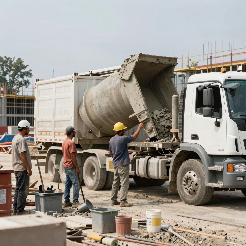 Construction site with cement truck delivering concrete