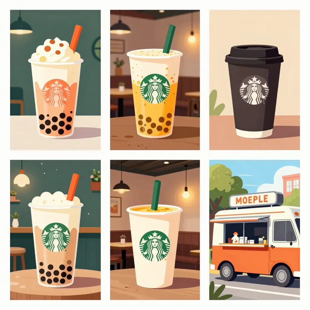 Illustration of reusable cups in various settings