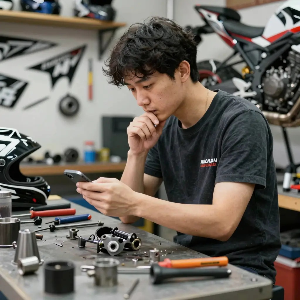 Motorcycle Technician Discussing Graphics