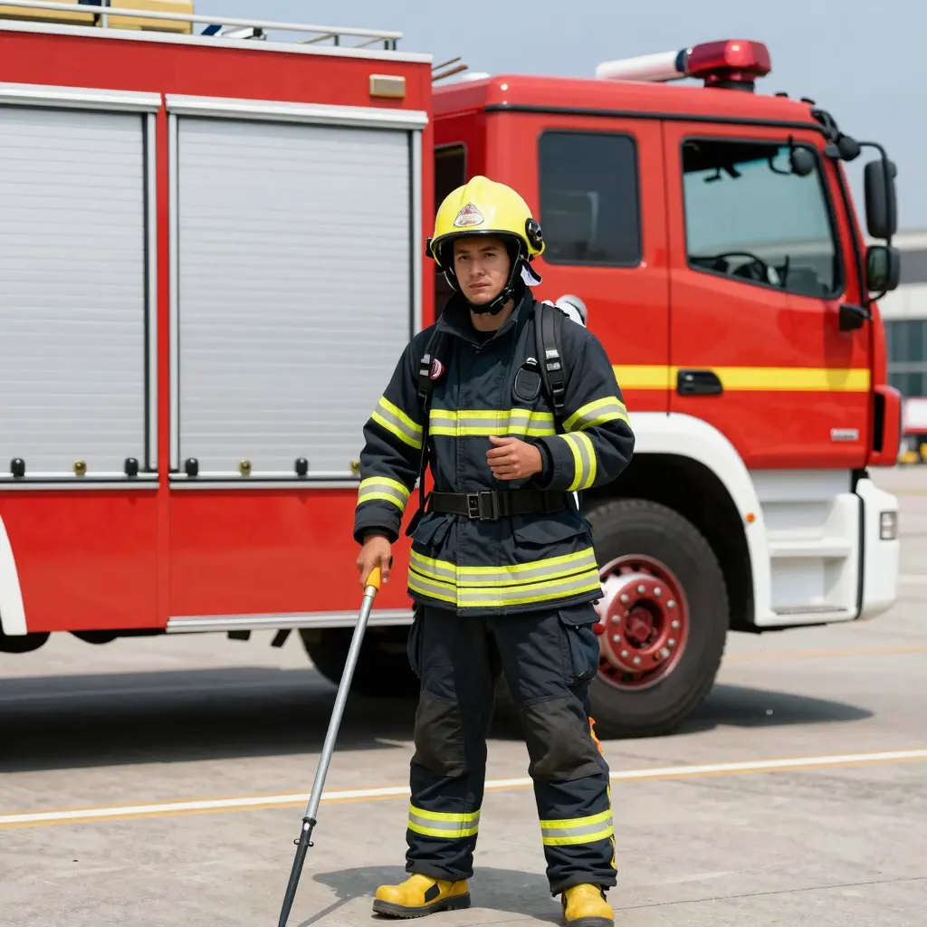 Firefighter demonstrating advanced firefighting equipment at an airport